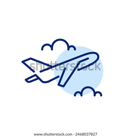 Commercial airplane climbing between clouds. Joy of flying and traveling. Pixel perfect vector icon