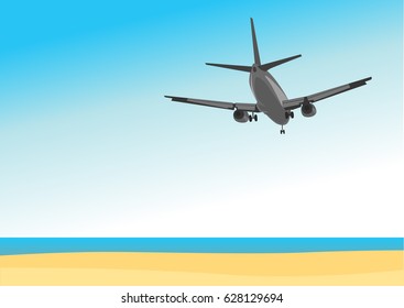 Commercial airplane flying above tropical sea