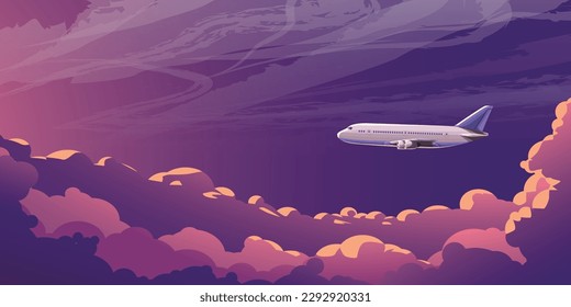 commercial airplane flying in clouds at sunset