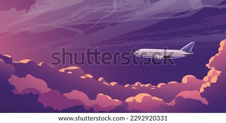 commercial airplane flying in clouds at sunset