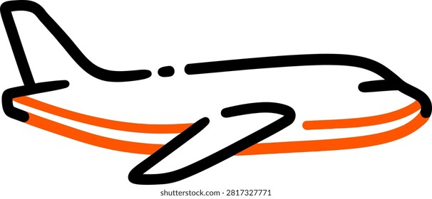 Commercial airplane fuselage side profile icon with orange belly stripe in black and orange minimalist hand drawn line art style