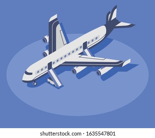 Commercial airplane isometric color vector illustration. Civil aviation, modern aircraft 3d concept isolated on blue background. Airline company transport. international tourism, airway travel