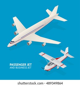 Commercial Airplane jet Mini and Flying airline freight Isometric design. Passenger Plane, Transportation object in Flight. Front and Back View. Vector illustration