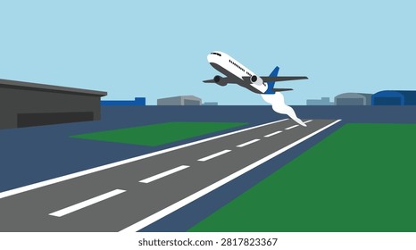 Commercial airplane taking off from runway with a passenger jet lifts off