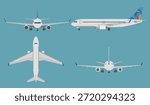 Commercial Airplane Views Set – Front, Side, Top and Rear View Vector Illustration