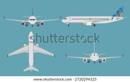 Commercial Airplane Views Set – Front, Side, Top and Rear View Vector Illustration