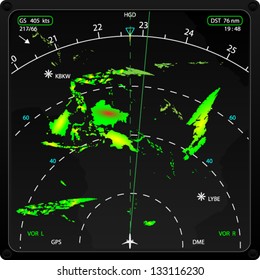 Commercial airplane's on board radar, displaying weather information, vector