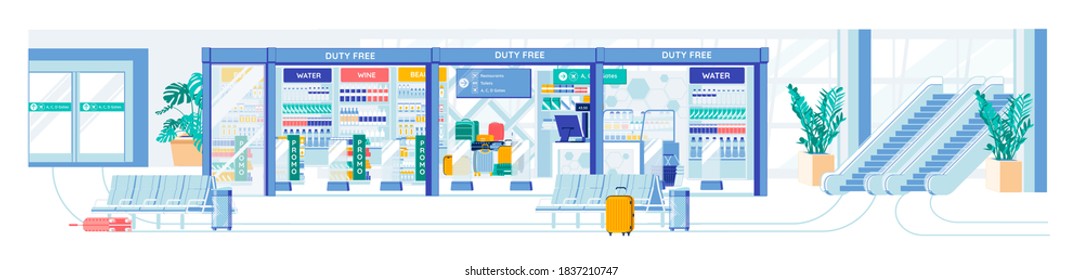 Commercial Airport Zone with Duty Free Stores and Passengers Waiting Hall. Air Terminal Interior and Inner Equipment Background. Aircrafting, Traveling and Transportation. Flat Vector Illustration.