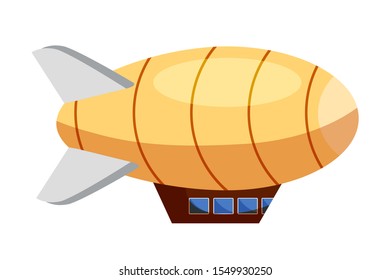 Commercial airship flat vector illustrations. Zeppelin, dirigible balloon filled with helium side view. Old fashioned air transportation isolated on white background. Vintage, retro aircraft