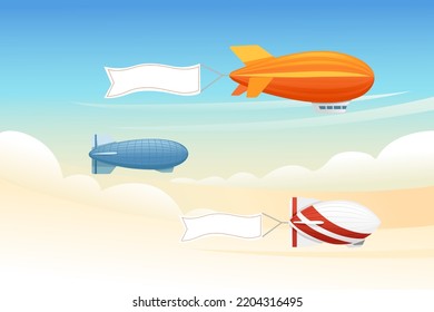 Commercial Airship Flying In Sky Rigid Airship Vector Illustration On Cloud Sky Background