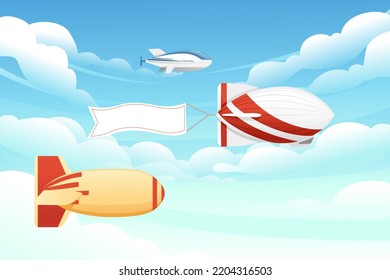 Commercial Airship Flying In Sky Rigid Airship Vector Illustration On Cloud Sky Background