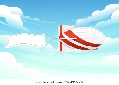 Commercial Airship Flying In Sky Rigid Airship Vector Illustration On Cloud Sky Background