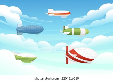 Commercial airship flying in sky rigid airship vector illustration on cloud sky background