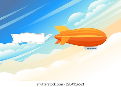 Commercial airship flying in sky rigid airship vector illustration on cloud sky background