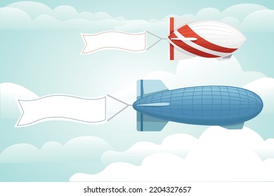 Commercial Airship Flying In Sky Rigid Airship Vector Illustration On Cloud Sky Background