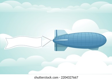 Commercial Airship Flying In Sky Rigid Airship Vector Illustration On Cloud Sky Background