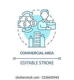 Commercial area turquoise concept icon. Type of land-use abstract idea thin line illustration. Commercial buildings. Isolated outline drawing. Editable stroke. Arial, Myriad Pro-Bold fonts used