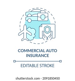 Commercial Auto Insurance Turquoise Concept Icon. Company Claims Abstract Idea Thin Line Illustration. Isolated Outline Drawing. Editable Stroke. Roboto-Medium, Myriad Pro-Bold Fonts Used