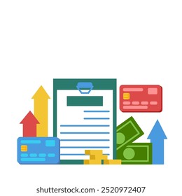 Commercial bank activities. Loans, credit cards, rate for loans, money. Clipboard. form, document. Simple flat vector illustration.