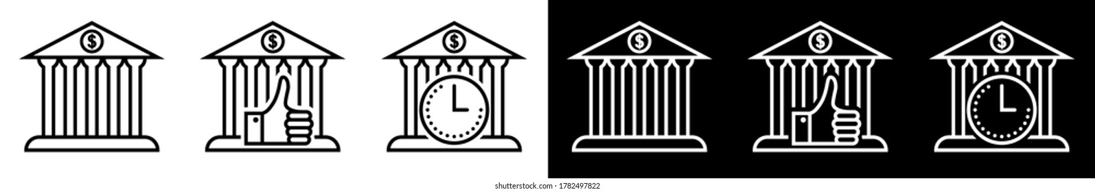 commercial bank icons set. Time saving, storage reliability, great choice. Vector on white background