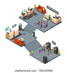 Commercial bank office 3d isometric interior with business people inside. Banking and finance vector concept. Finance bank room with atm illustration