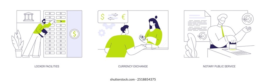 Commercial bank services abstract concept vector illustration set. Locker facilities, currency exchange, notary public service, money saving and storage, safe deposit box abstract metaphor.