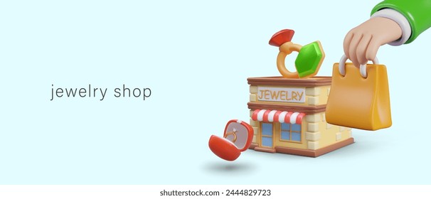 Commercial banner for online jewelry store. Vector 3D composition in cartoon style