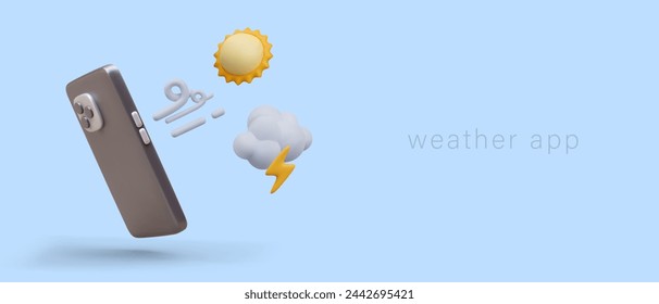 Commercial banner template for weather app. Sun, wind, cloud fly out of 3D phone