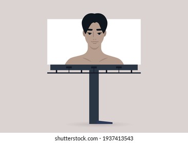 A commercial billboard template, a young adult male portrait on a plain background