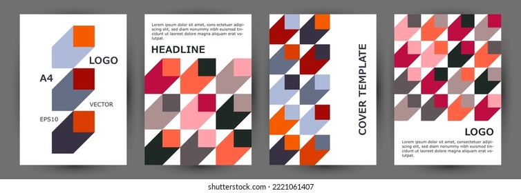Commercial brochure cover template collection vector design. Modernism style digital front page template collection Eps10. Tile geometric shapes composition A4 card design
