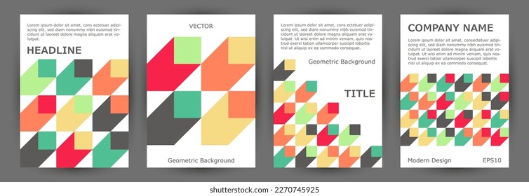 Commercial brochure front page layout collection graphic design. Swiss style isometric banner layout collection vector. Tile geometric shapes composition A4 cover design