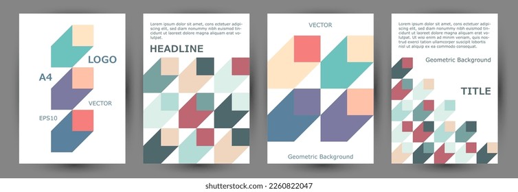 Commercial brochure front page mokup collection geometric design. Swiss style future title page layout collection Eps10. Tile geometric shapes background A4 cover design