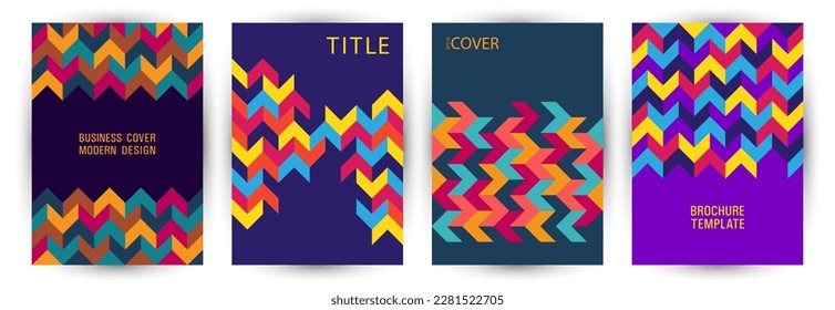 Commercial brochure front page mokup set graphic design. Minimalist style trendy placard mockup set vector. Mosaic geometric shapes pattern vertical card design