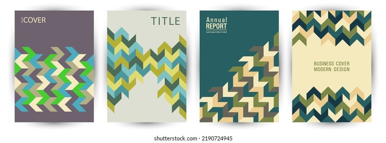 Kommerzielle Broschüren Vorderseite Vorlage Set Vektordesign. Minimalistische Stil trendige Ordner Template Set Eps10. Mosaik geometrische Elemente Hintergrund senkrechte Deckengestaltung