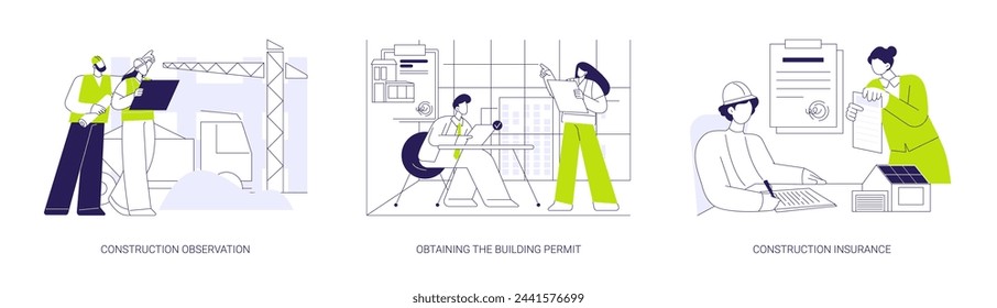 Conjunto de ilustración vectorial de concepto abstracto de edificio comercial. Observación de la construcción, obtención del permiso de construcción, documento legal, póliza de seguro, reunión con contratistas metáfora abstracta.