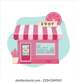 Commercial building, candy shop, cafe. Flat design vector illustration. 