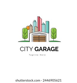 Edificio comercial, ciudad y puerta de garaje logo Ilustración vectorial con texto ficticio sobre fondo blanco. Logotipo colorido de la puerta del garaje cualquier servicio de coche, servicio de garaje y otros.