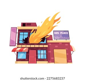 Commercial building fire front view flat vector illustration