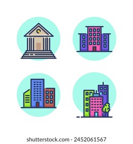 Conjunto de iconos de línea de edificio comercial. Banco, centro de negocios, rascacielos, edificio de oficinas, paisaje urbano. Concepto de edificios de negocios. Ilustración vectorial para Diseño web y App