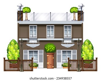 A commercial building with a nice rooftop on a white background 