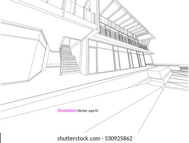 Commercial Building Structure Architecture Abstract Drawing, 3d Illustration Vector