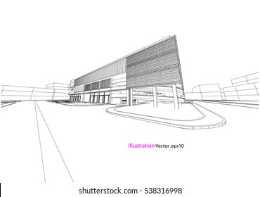 commercial building structure architecture abstract drawing, 3d illustration vector