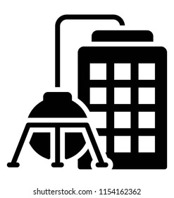 
Commercial building from which a rod is appearing and reaching to a dome shaped container, oil refinery icon
