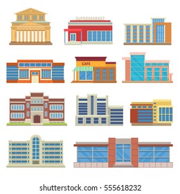 Commercial buildings architecture flat vector.
