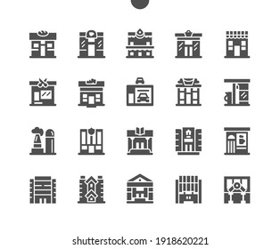 Commercial buildings. City, house, architecture, skyscraper, downtown and apartment. Real estate. Cafe, pizza house, shop, hostel and bank. Vector Solid Icons. Simple Pictogram