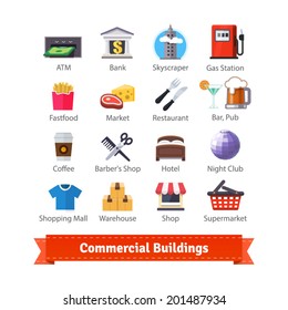 Commercial buildings colourful flat icon set. Business, commerce, food, fastfood, recreation and trading signs. For use with maps and internet services interfaces. EPS 10 vector.