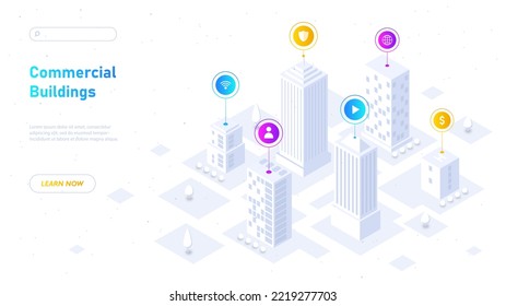 Commercial buildings concept. Digital architecture and cyberspace. Modern technologies and multimedia. Wireless Internet infographic. Poster or banner for site. Cartoon isometric vector illustration