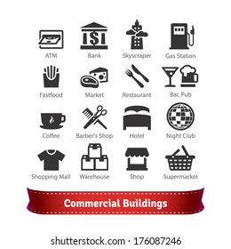 Commercial Buildings Icon Set. Business, Commerce, Food, Recreation and Trading Signs. For Use With Maps and Internet Services Interfaces.