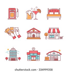 Commercial buildings sings set. Thin line art icons. Flat style illustrations isolated on white.