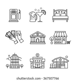 Commercial buildings sings set. Thin line art icons. Linear style illustrations isolated on white.